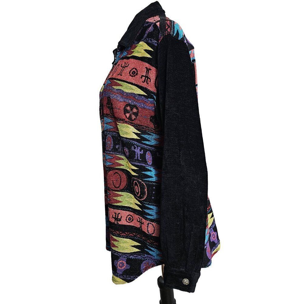 Vintage Chico's Design Medium Black and Tribal Eclectic Print Chenille Zip Up - Picture 2 of 5